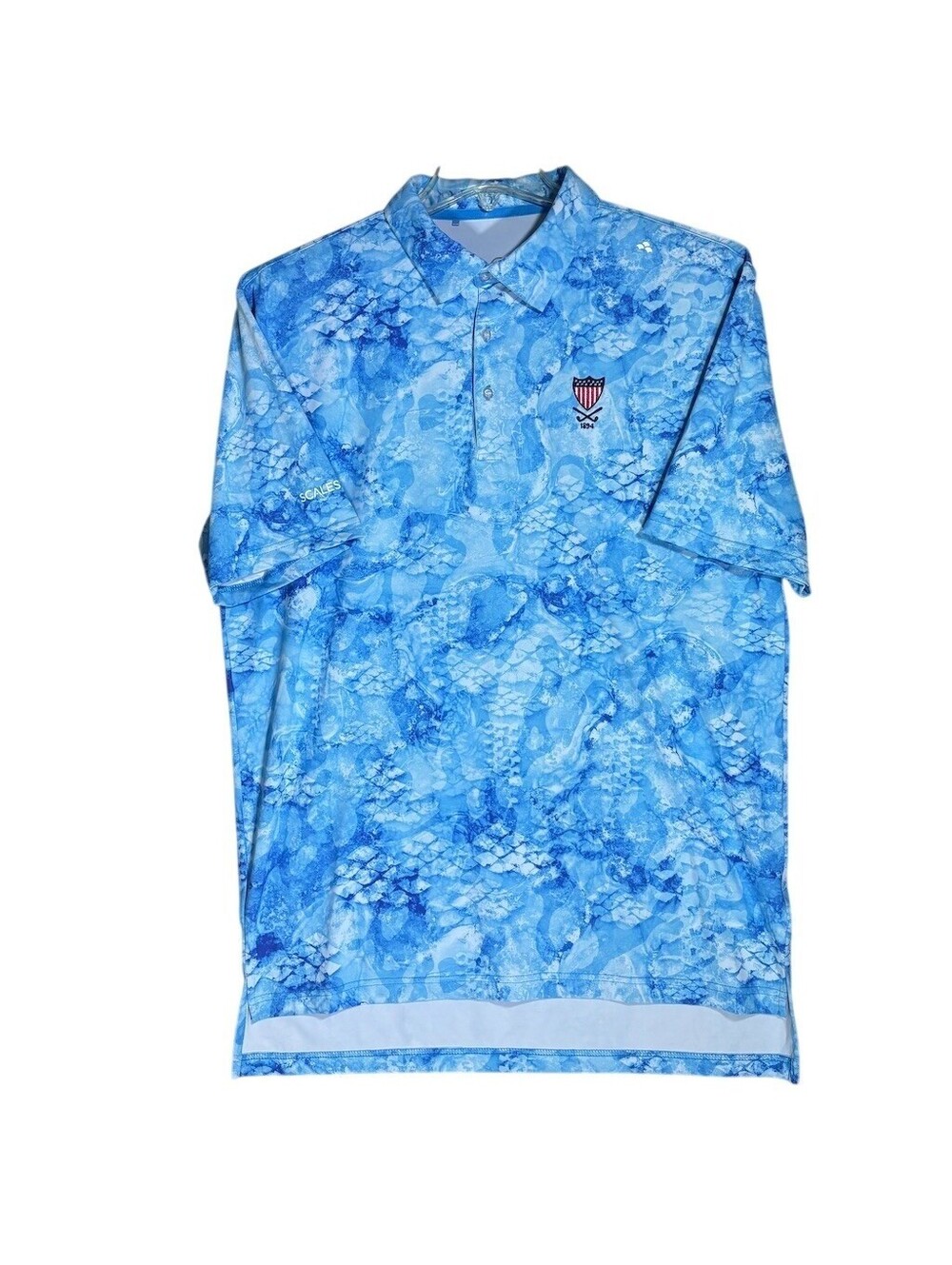 Scales Golf Polo Shirt Mens L Blue Camo Scale Print USA Shield Logo